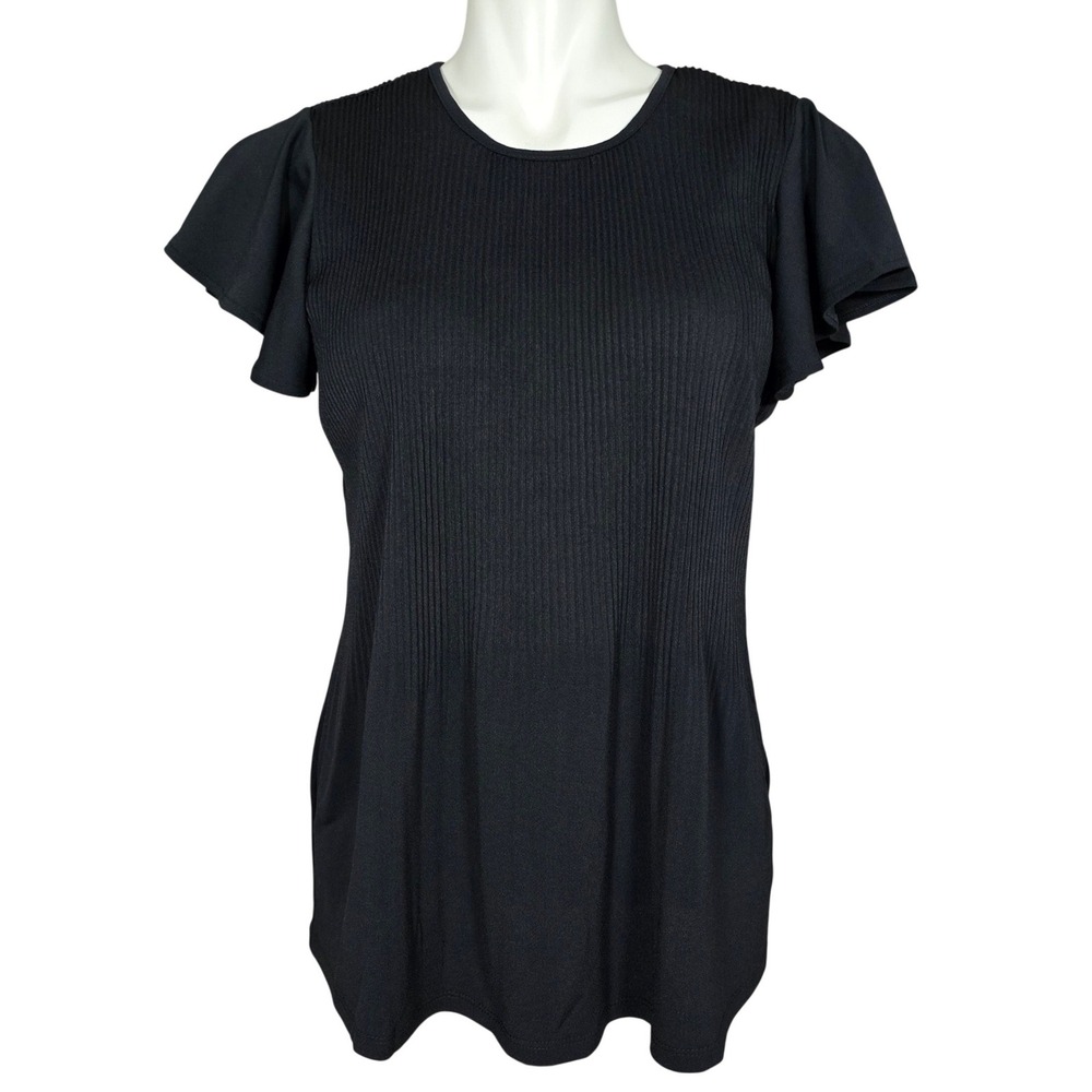 Philosophy Black Flutter Sleeve Pleated Ribbed Knit Top Medium